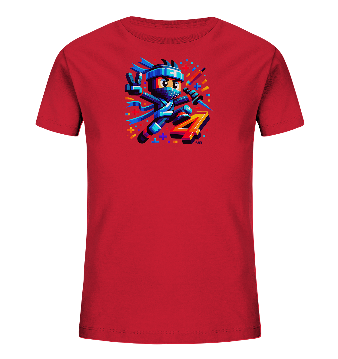 Onlineshop Shirts fuer Kinder - Das Bild zeigt ein rotes Kinder-T-Shirt mit einem dynamischen Motiv eines blauen Ninja-Charakters. Der Ninja haelt ein Schwert und zeigt ein Friedenszeichen, umgeben von bunten, pixelartigen Grafiken. Neben dem Charakter ist die Zahl '4' in einem stilisierten, orange-goldenen Design platziert. Das Design wirkt modern und verspielt, ideal fuer junge Ninja-Fans.