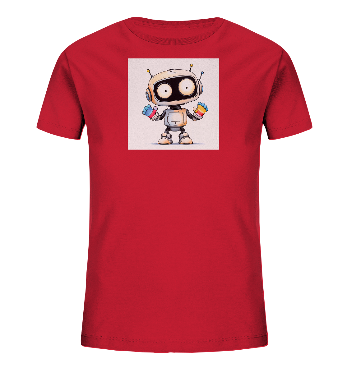 Onlineshop Shirts für Kinder - Das Bild zeigt ein leuchtend rotes Kinder-T-Shirt mit kurzen Ärmeln. Auf der Vorderseite ist ein quadratisches Motiv eines cartoonartigen Roboters abgebildet. Der Roboter ist weiß und grau gestaltet, hat große schwarze Augen und bunte Hände in den Farben Blau, Rot und Gelb. Das Design ist verspielt und kindgerecht und befindet sich zentral auf dem Shirt.