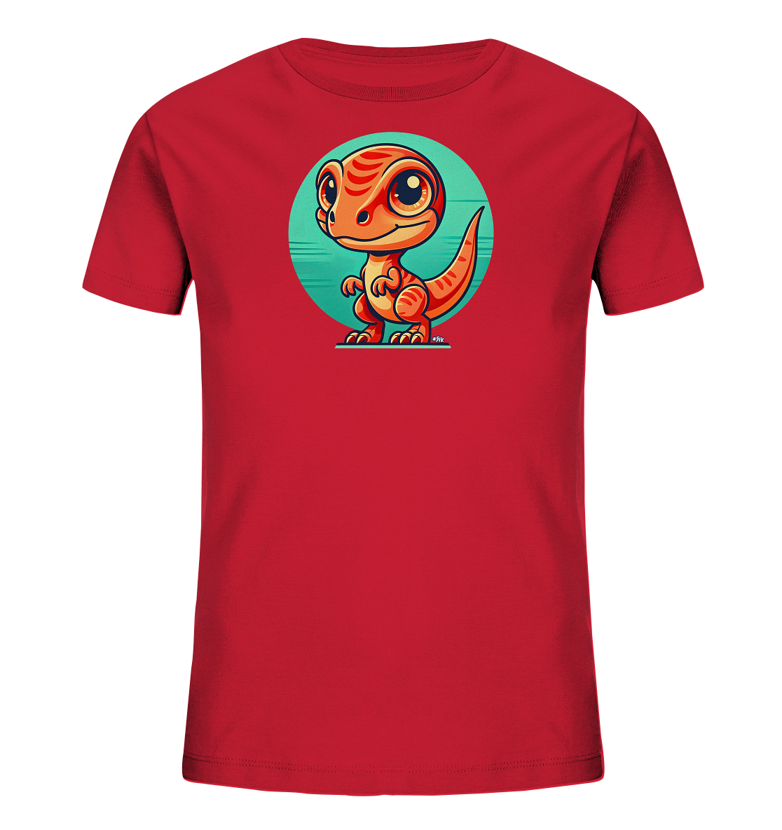Onlineshop Shirts fuer Kinder - Das Bild zeigt ein rotes Kinder-T-Shirt mit einem farbigen Druck auf der Vorderseite. Zu sehen ist ein niedlicher, orangefarbener Cartoon-Dinosaurier mit grossen Augen und Streifen. Der Dinosaurier steht vor einem runden Hintergrund in Tuerkisblau mit horizontalen Linien. Das Motiv ist detailreich und freundlich gestaltet.