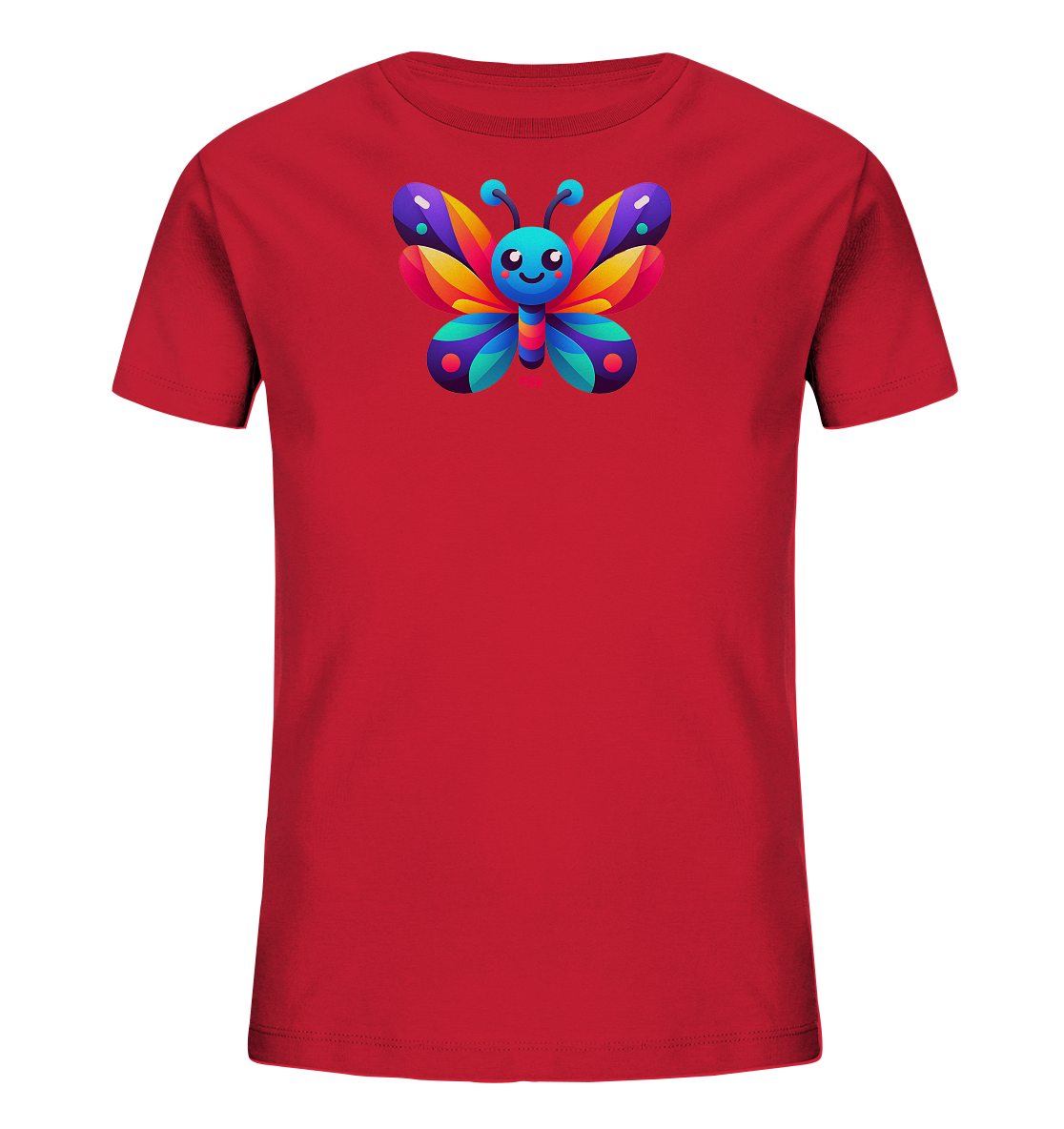 Onlineshop Shirts fuer Kinder - Das Bild zeigt ein rotes Kinder-T-Shirt mit einem farbenfrohen Grafikdruck auf der Vorderseite. Das Motiv ist ein stilisierter Schmetterling mit leuchtenden Fluegeln in den Farben Blau, Gelb, Orange, Rot und Lila. Der Schmetterling hat ein laechelndes Gesicht und blaue Fuehler, was dem Design einen froehlichen Ausdruck verleiht.