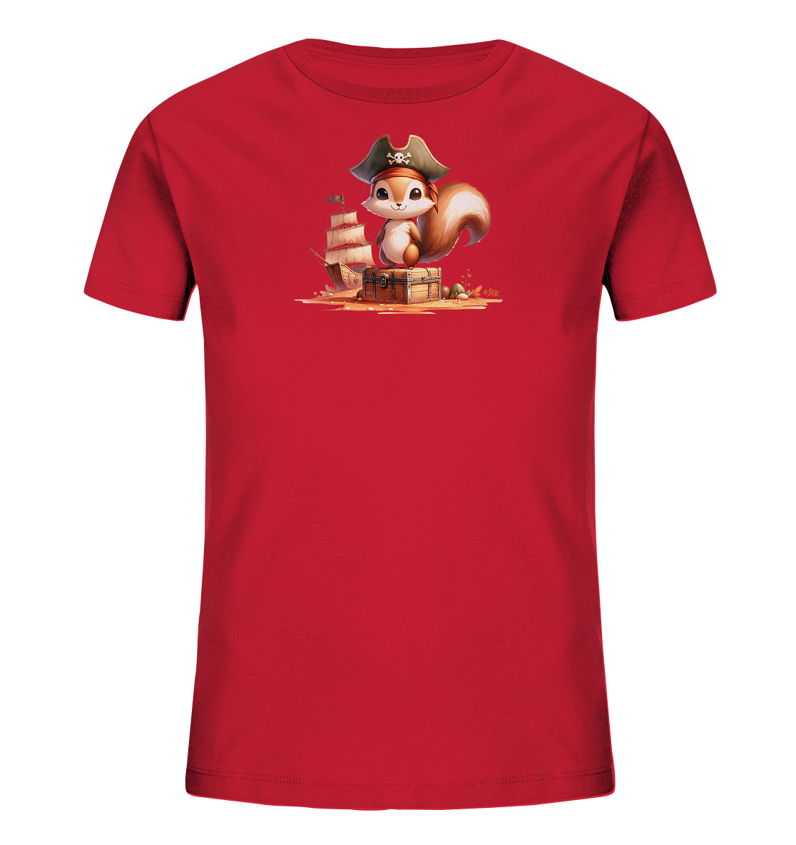 Onlineshop Shirts fuer Kinder - Dieses rote T-Shirt fuer Kinder zeigt eine lustige Grafik eines Eichhoernchens. Das Eichhoernchen traegt einen Piratenhut und sitzt auf einer Schatzkiste. Im Hintergrund ist ein Piratenschiff auf dem Meer dargestellt. Das Design ist detailreich und hat einen froehlichen Piratenthema-Look.