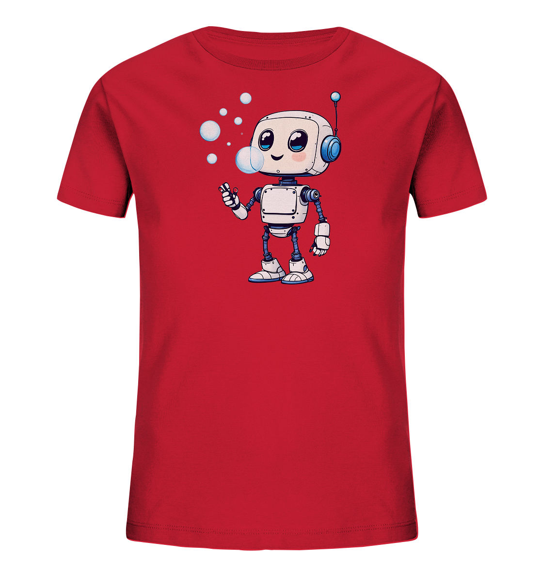 Onlineshop Shirts für Kinder - Das Bild zeigt ein leuchtend rotes Kinder-T-Shirt mit einer Grafik auf der Vorderseite. Auf der Grafik ist ein freundlich aussehender Cartoon-Roboter zu sehen, der Seifenblasen pustet. Der Roboter ist überwiegend weiß mit blauen und grauen Details dargestellt und hat große, ausdrucksstarke Augen. Das Design wirkt verspielt und eignet sich gut für Kinder.