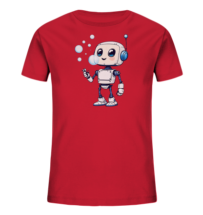 Onlineshop Shirts für Kinder - Das Bild zeigt ein leuchtend rotes Kinder-T-Shirt mit einer Grafik auf der Vorderseite. Auf der Grafik ist ein freundlich aussehender Cartoon-Roboter zu sehen, der Seifenblasen pustet. Der Roboter ist überwiegend weiß mit blauen und grauen Details dargestellt und hat große, ausdrucksstarke Augen. Das Design wirkt verspielt und eignet sich gut für Kinder.