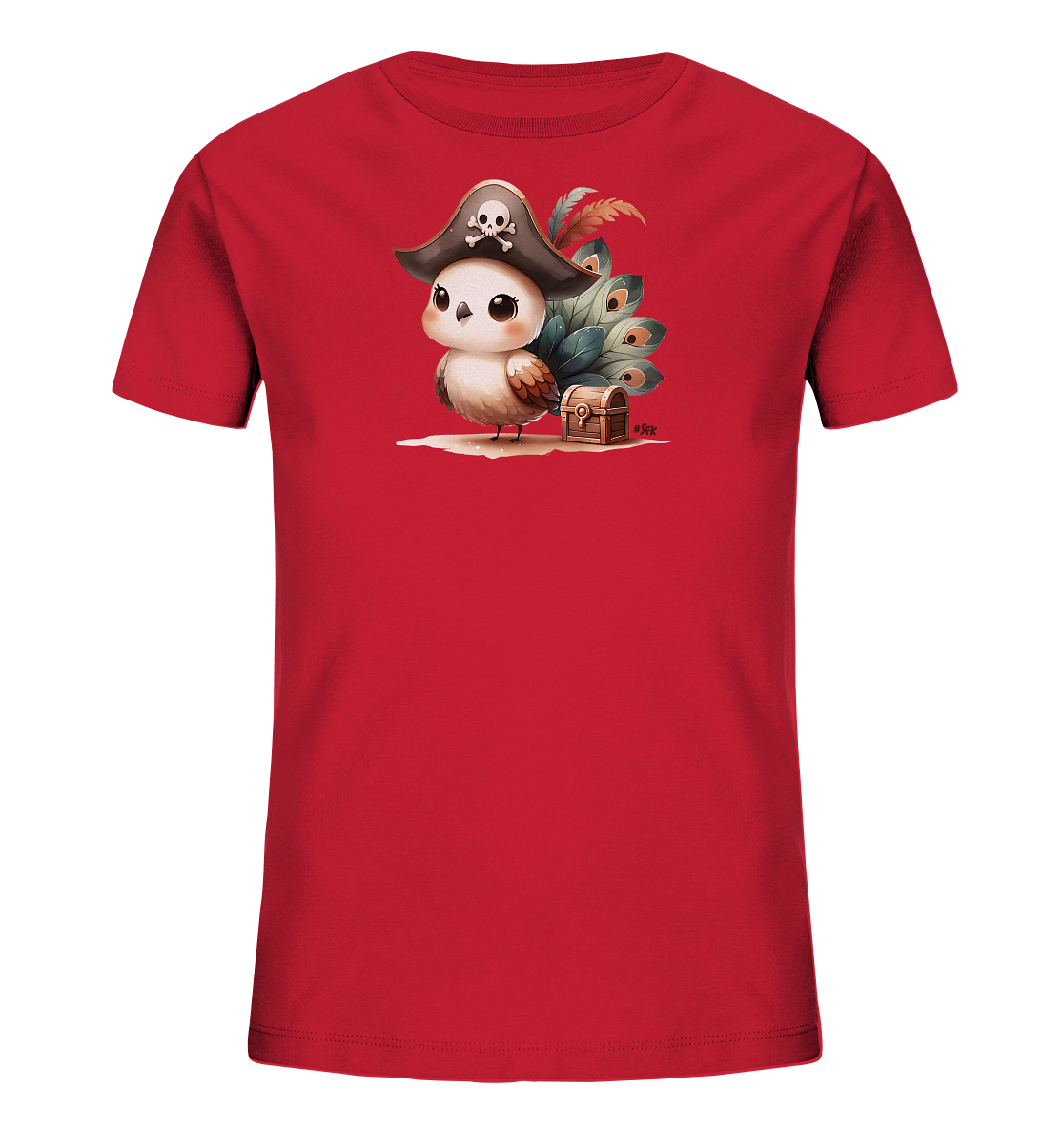 Onlineshop Shirts fuer Kinder - Das Bild zeigt ein rotes T-Shirt mit einem niedlichen Vogelmotiv auf der Vorderseite. Der kleine Vogel traegt einen Piratenhut mit Totenkopf-Symbol und sitzt neben einer kleinen hoelzernen Schatzkiste. Er hat grosse, faecherfoermige Schwanzfedern in gruen-blauen und roetlichen Toenen. Das gesamte Motiv ist farbenfroh und detailreich gestaltet.