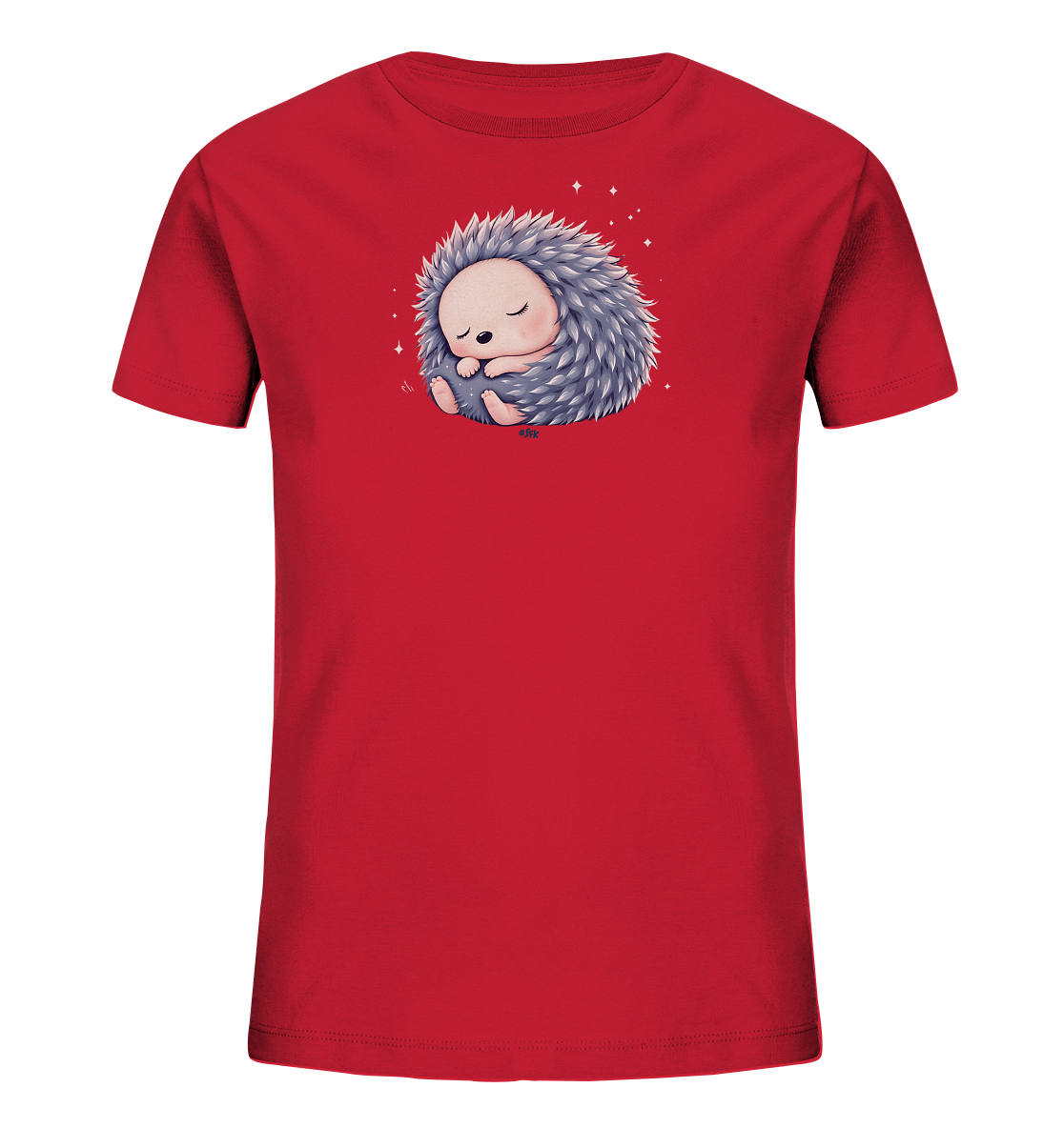 Onlineshop Shirts fuer Kinder - Das Bild zeigt ein rotes Kinder-T-Shirt mit einem niedlichen Motiv eines schlafenden Igels. Der Igel ist eingerollt, seine Stacheln sind grau-blau dargestellt und sein Gesicht ist friedlich. Um den Igel herum sind kleine, glitzernde Sterne zu sehen, die eine ruhige Atmosphaere schaffen. Das Design ist sanft und ansprechend.