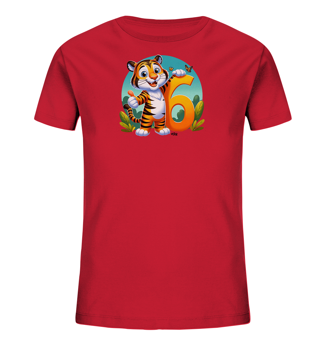 Onlineshop Shirts fuer Kinder - Das Bild zeigt ein rotes Kinder-T-Shirt mit einer farbenfrohen Illustration. Im Zentrum steht ein freundlicher Cartoon-Tiger, der neben einer grossen orangefarbenen Zahl '6' posiert. Das Motiv ist von gruenen Pflanzen umgeben und wird von einem kleinen Schmetterling ueber der Zahl ergaenzt. Der Hintergrund der Illustration ist ein blauer Kreis, der das Design hervorhebt.