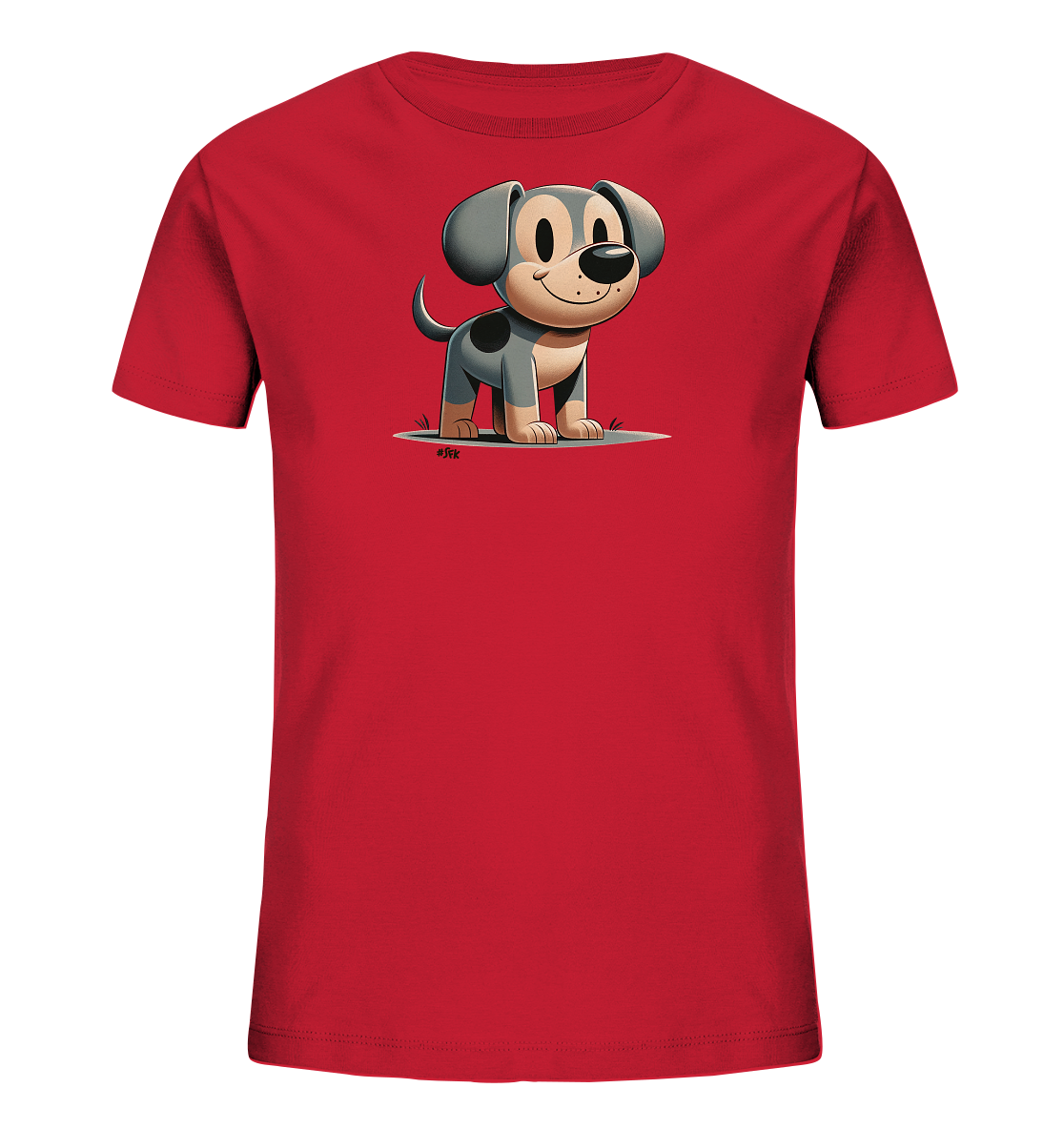 Onlineshop Shirts fuer Kinder - Das Bild zeigt ein rotes Kinder-T-Shirt. Auf der Vorderseite ist eine niedliche Cartoon-Grafik eines Hundes zu sehen. Der Hund hat graues Fell mit dunklen Flecken, grosse Ohren und ein freundliches Laecheln. Er steht auf einem hellgrauen Bereich, der Boden darstellt, mit gruenen Grasbuescheln.