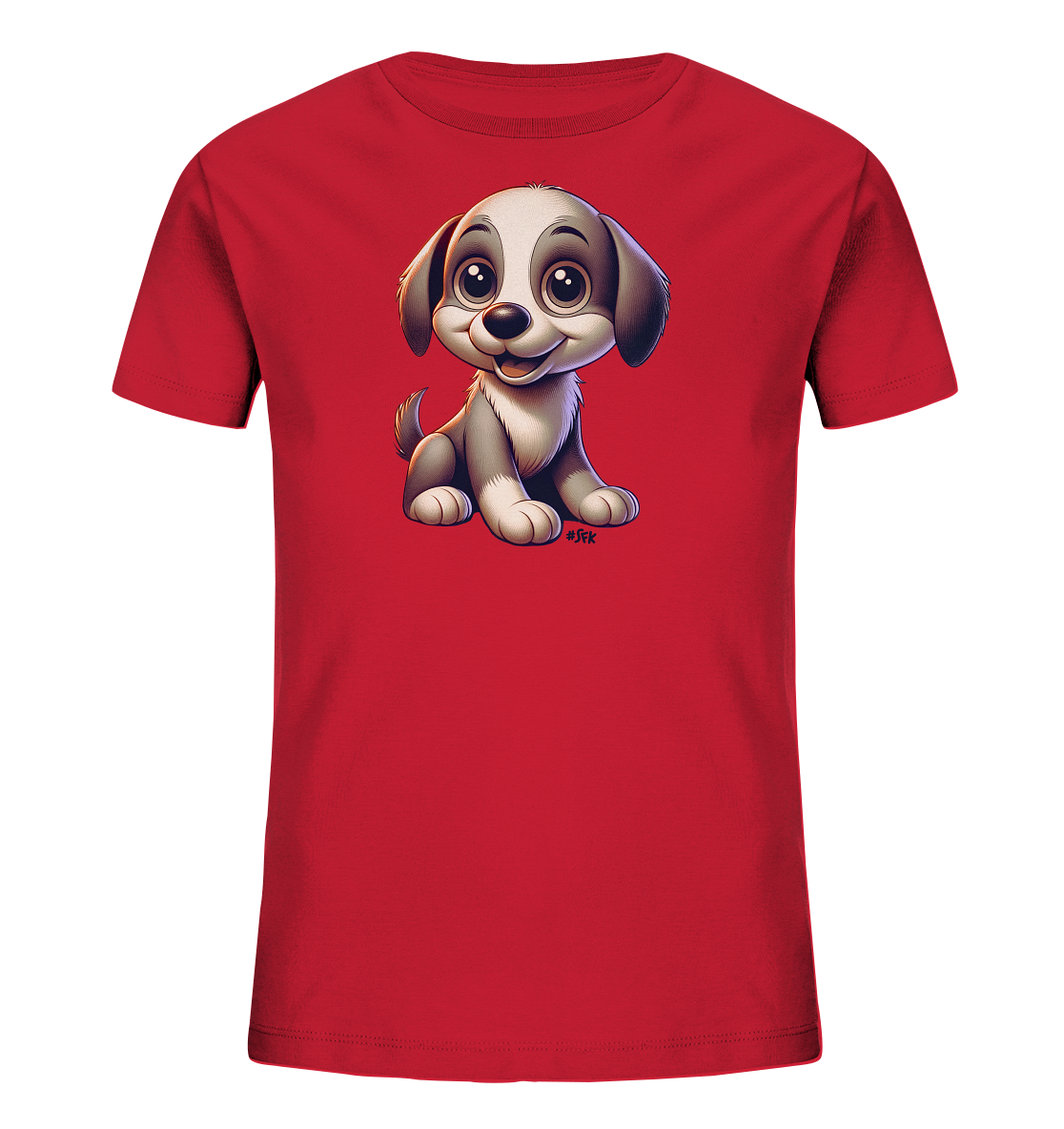 Onlineshop Shirts fuer Kinder - Dieses rote T-Shirt fuer Kinder ist mit einer entzueckenden Illustration eines kleinen Welpen verziert. Der freundliche Welpe sitzt froehlich auf der Vorderseite des Shirts und hat grosse, ausdrucksstarke Augen. Die detailreiche und farbenfrohe Grafik verleiht dem Shirt einen verspielten und ansprechenden Look.