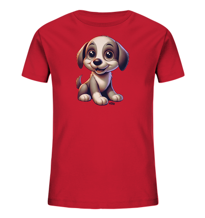Onlineshop Shirts fuer Kinder - Dieses rote T-Shirt fuer Kinder ist mit einer entzueckenden Illustration eines kleinen Welpen verziert. Der freundliche Welpe sitzt froehlich auf der Vorderseite des Shirts und hat grosse, ausdrucksstarke Augen. Die detailreiche und farbenfrohe Grafik verleiht dem Shirt einen verspielten und ansprechenden Look.