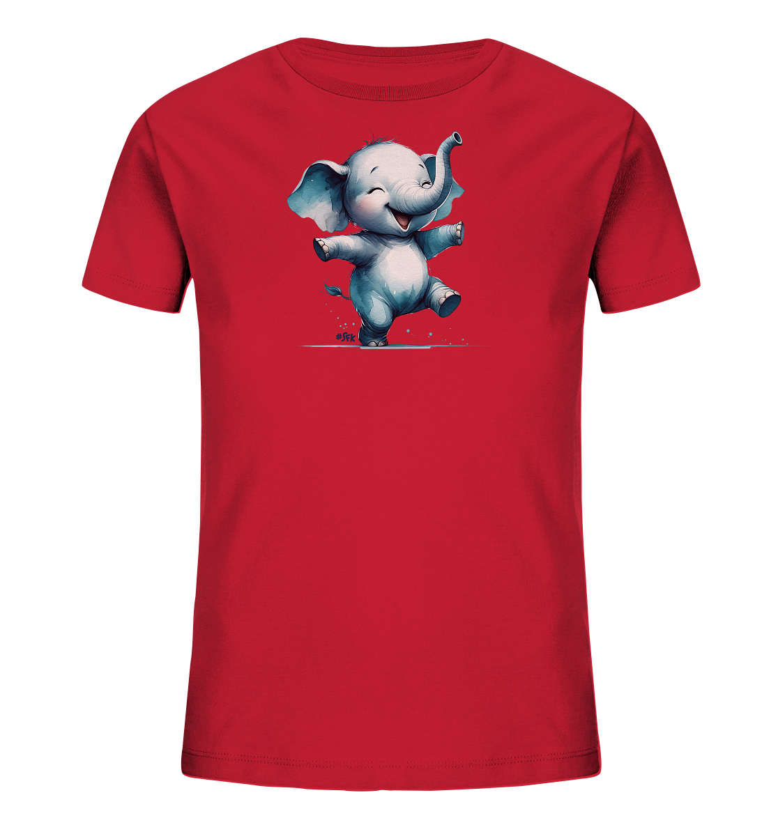 Onlineshop Shirts fuer Kinder - Dieses rote Kinder-T-Shirt ist mit einem charmanten Aufdruck versehen, der einen suessen, cartoonhaften Elefanten zeigt. Der Elefant hat grosse Ohren, ein breites Laecheln und ist in einer dynamischen Pose dargestellt, die Freude und Bewegung vermittelt. Kleine grafische Elemente um seine Fuesse deuten auf Spritzer oder Glitzer hin. Das Motiv ist auf der Vorderseite des Shirts zentriert.