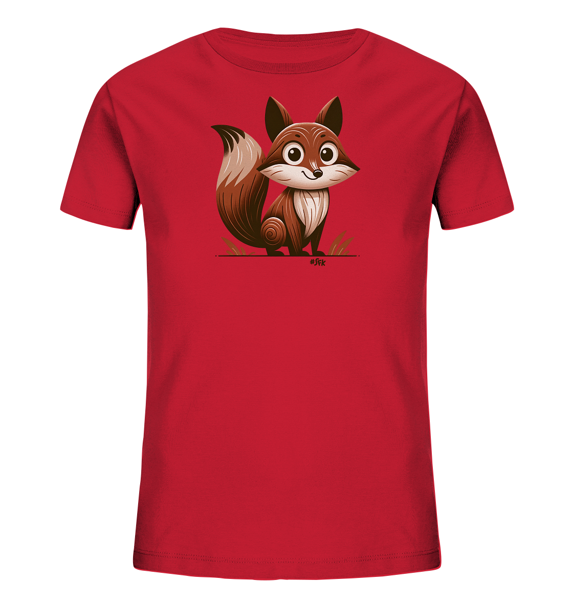 Onlineshop Shirts fuer Kinder - Das Bild zeigt ein rotes T-Shirt fuer Kinder mit einer freundlichen Fuchsgrafik auf der Vorderseite. Der Fuchs im Cartoon-Stil sitzt aufrecht, hat grosse Augen, einen buschigen Schwanz und laechelt. Die Illustration ist detailreich gestaltet und hebt sich gut vom roten Stoff ab. Das Design wirkt insgesamt sehr niedlich und ansprechend.