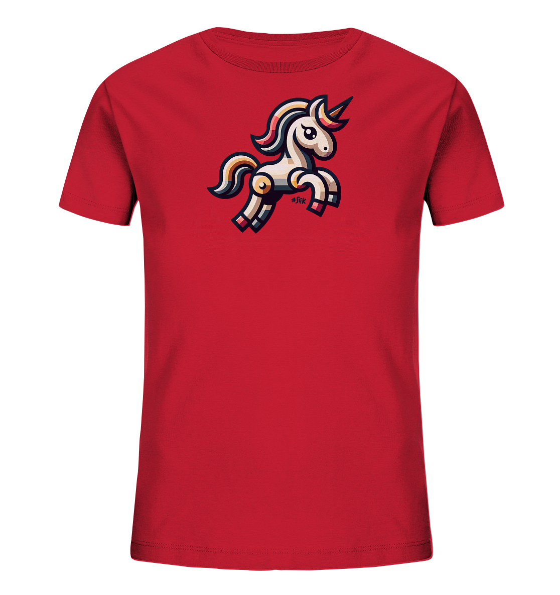 Onlineshop Shirts fuer Kinder - Das Bild zeigt ein rotes T-Shirt fuer Kinder. In der Mitte ist eine farbige Illustration eines Einhorns zu sehen. Das stilisierte Einhorn in beige-weissen Toenen mit bunten Akzenten ist in einer springenden Pose dargestellt. Das Design wirkt modern und verspielt.