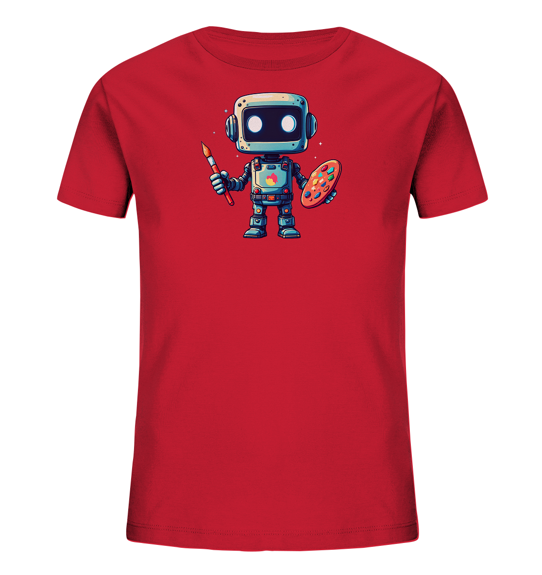 Onlineshop Shirts für Kinder - Das Bild zeigt ein leuchtend rotes Kinder-T-Shirt, das auf der Vorderseite mit einem süßen, cartoonartigen Roboter bedruckt ist. Der Roboter hat einen rechteckigen Kopf mit runden Augen und hält in einer Hand einen roten Pinsel und in der anderen eine ovale Malerpalette mit verschiedenen Farbtupfern. Das Design des Roboters ist detailreich mit blauen und grauen Elementen sowie kleinen Lichtern und Knöpfen. Der Ausdruck des Roboters wirkt freundlich und neugierig.