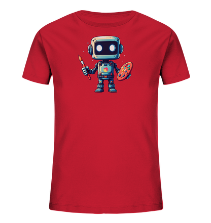 Onlineshop Shirts für Kinder - Das Bild zeigt ein leuchtend rotes Kinder-T-Shirt, das auf der Vorderseite mit einem süßen, cartoonartigen Roboter bedruckt ist. Der Roboter hat einen rechteckigen Kopf mit runden Augen und hält in einer Hand einen roten Pinsel und in der anderen eine ovale Malerpalette mit verschiedenen Farbtupfern. Das Design des Roboters ist detailreich mit blauen und grauen Elementen sowie kleinen Lichtern und Knöpfen. Der Ausdruck des Roboters wirkt freundlich und neugierig.