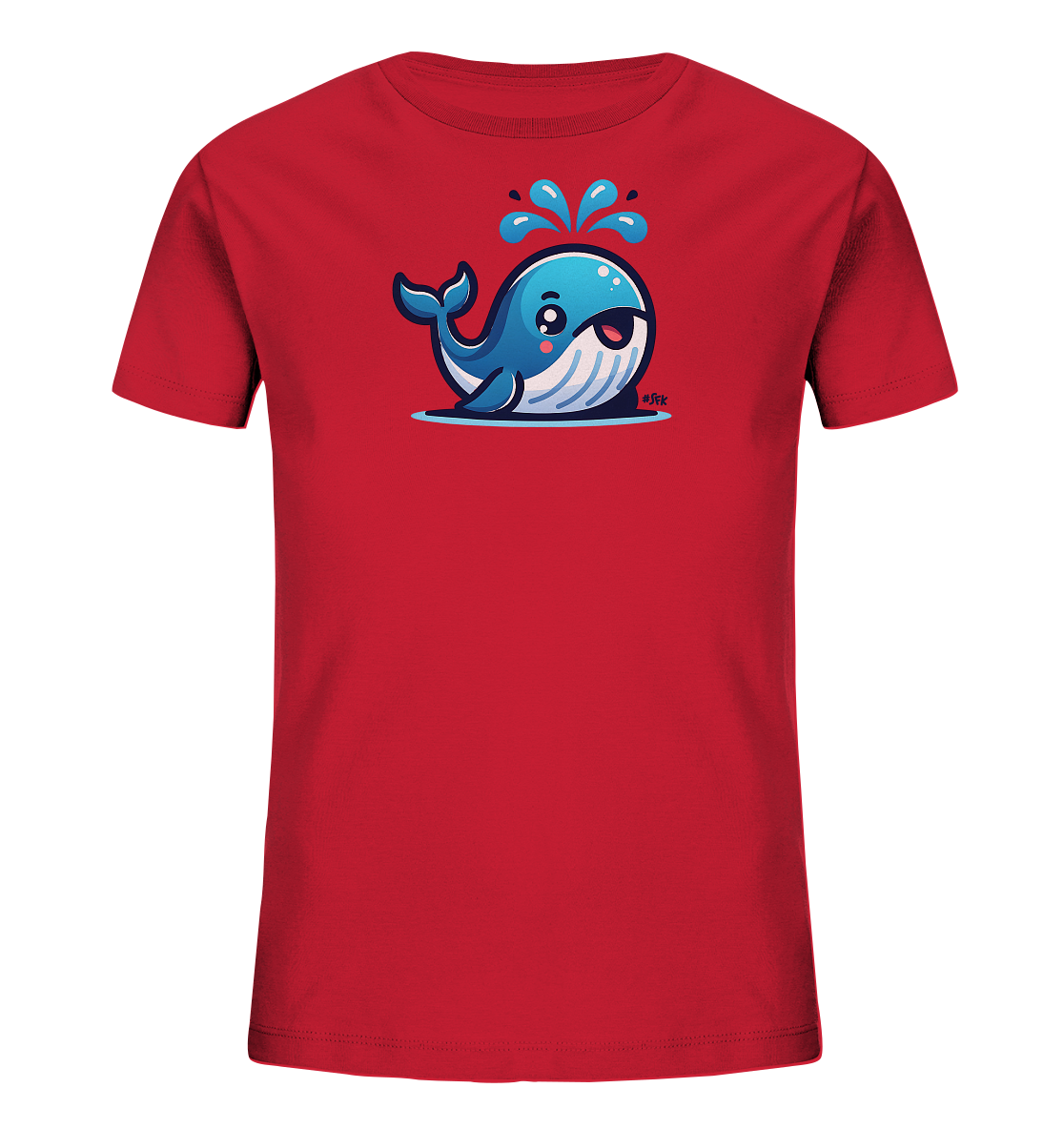 Onlineshop Shirts fuer Kinder - Dieses rote T-Shirt fuer Kinder zeigt einen niedlichen Cartoon-Wal. Der Wal ist blau und weiss gestreift dargestellt und sprueht spielerisch Wasser aus seinem Blasloch. Er hat grosse, freundliche Augen und ein laechelndes Maul. Das Motiv ist zentral auf der Vorderseite des Shirts platziert und verleiht ihm einen froehlichen Charakter.