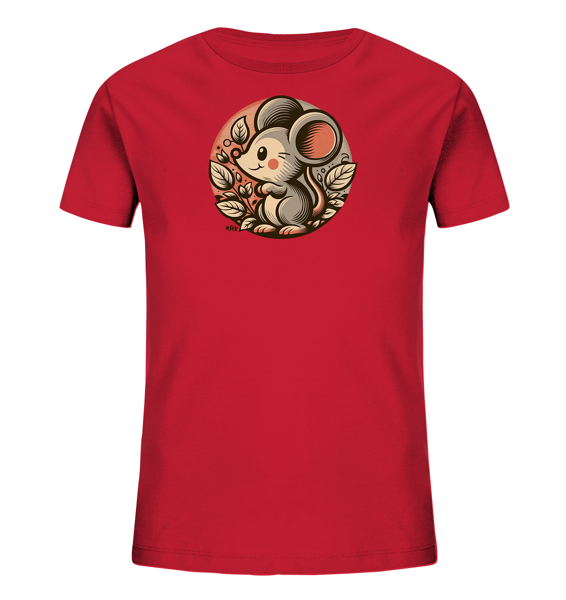 Onlineshop Shirts fuer Kinder - Das Bild zeigt ein rotes T-Shirt fuer Kinder mit einem runden Grafikmotiv auf der Vorderseite. Die Grafik stellt eine niedliche, graue Cartoon-Maus dar, die in einem Kreis aus stilisierten Blaettern sitzt und zwinkert. Der Hintergrund der Grafik ist ein sanfter Orangeton. Das Design wirkt verspielt und ansprechend.