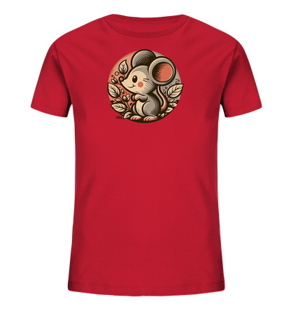 Onlineshop Shirts fuer Kinder - Das Bild zeigt ein rotes T-Shirt fuer Kinder mit einem runden Grafikmotiv auf der Vorderseite. Die Grafik stellt eine niedliche, graue Cartoon-Maus dar, die in einem Kreis aus stilisierten Blaettern sitzt und zwinkert. Der Hintergrund der Grafik ist ein sanfter Orangeton. Das Design wirkt verspielt und ansprechend.