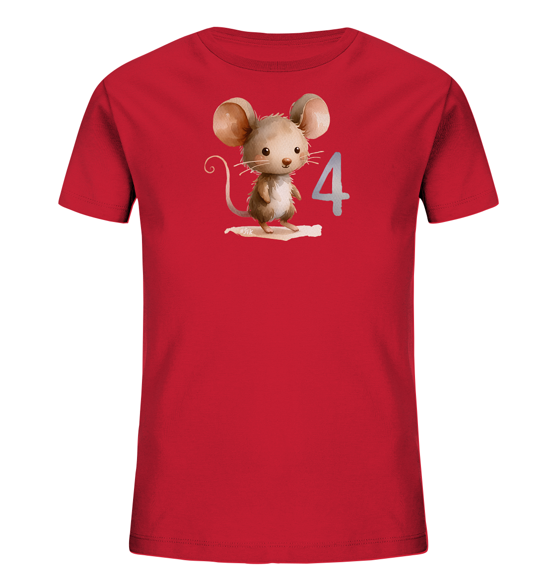 Onlineshop Shirts fuer Kinder - Das Bild zeigt ein rotes Kinder-T-Shirt. Auf der Vorderseite ist ein niedliches Motiv einer Maus mit grossen Ohren zu sehen. Die Maus steht aufrecht neben der Zahl "4", die in einem hellen Farbton dargestellt ist. Die Illustration hat einen sanften, gemalten Stil.