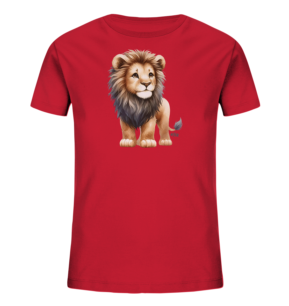 Onlineshop Shirts fuer Kinder - Auf diesem roten Kinder-T-Shirt ist eine charmante Illustration eines jungen Loewen zu sehen. Der Loewe steht mittig auf der Vorderseite und blickt aufmerksam. Seine Maehne ist in verschiedenen Brauntoenen gestaltet, und sein Ausdruck wirkt freundlich. Das Design ist detailliert und ansprechend fuer Kinder.