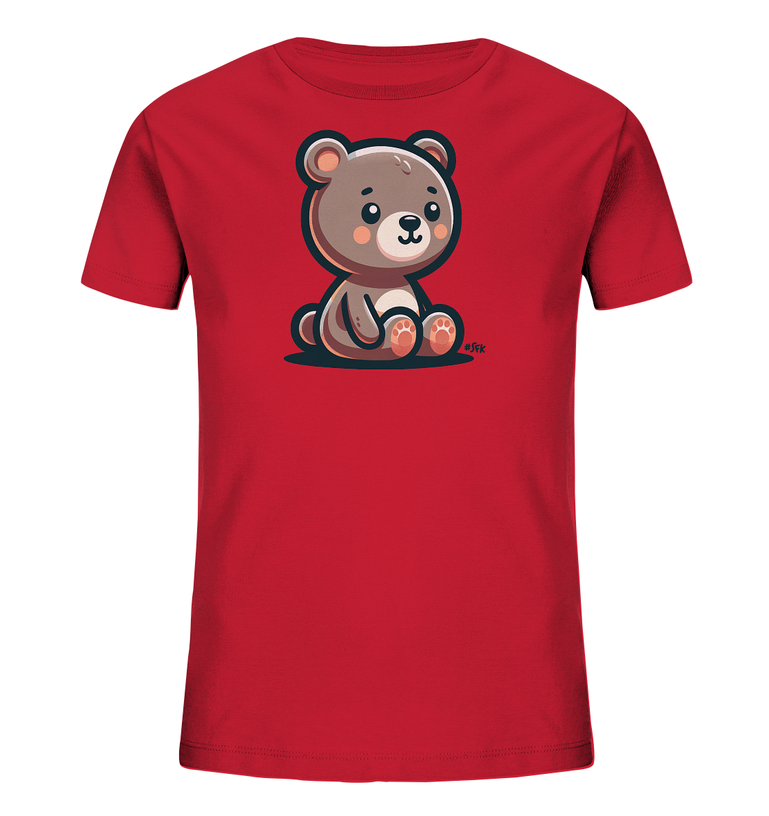 Onlineshop Shirts fuer Kinder - Das Bild zeigt ein rotes T-Shirt fuer Kinder mit einem niedlichen Druck eines sitzenden, braunen Cartoon-Baeren. Der Baer hat grosse Augen, rosige Wangen und sitzt mit den Pfoten nach vorne. Die freundliche Illustration ist detailreich gestaltet und ideal fuer junge Baerchen-Fans.