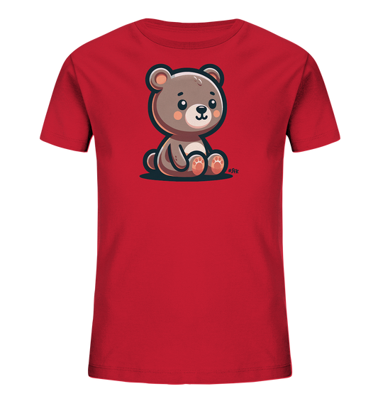 Onlineshop Shirts fuer Kinder - Das Bild zeigt ein rotes T-Shirt fuer Kinder mit einem niedlichen Druck eines sitzenden, braunen Cartoon-Baeren. Der Baer hat grosse Augen, rosige Wangen und sitzt mit den Pfoten nach vorne. Die freundliche Illustration ist detailreich gestaltet und ideal fuer junge Baerchen-Fans.