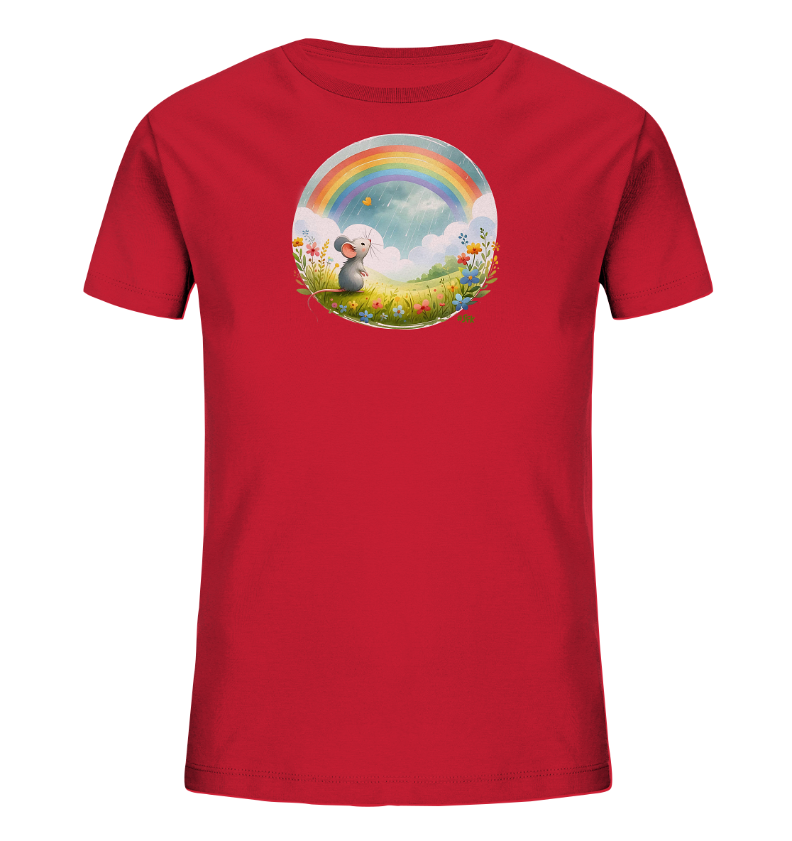 Onlineshop Shirts fuer Kinder - Das Bild zeigt ein rotes T-Shirt fuer Kinder mit einem kreisfoermigen Motiv auf der Vorderseite. Das Motiv stellt eine froehliche Szene einer kleinen Maus dar, die in einer bluehenden Wiese sitzt. Über der Wiese sind Wolken, sanfter Regen und ein bunter Regenbogen zu sehen. Eine kleine Biene oder Schmetterling fliegt nahe der Maus und ergaenzt das idyllische Bild.