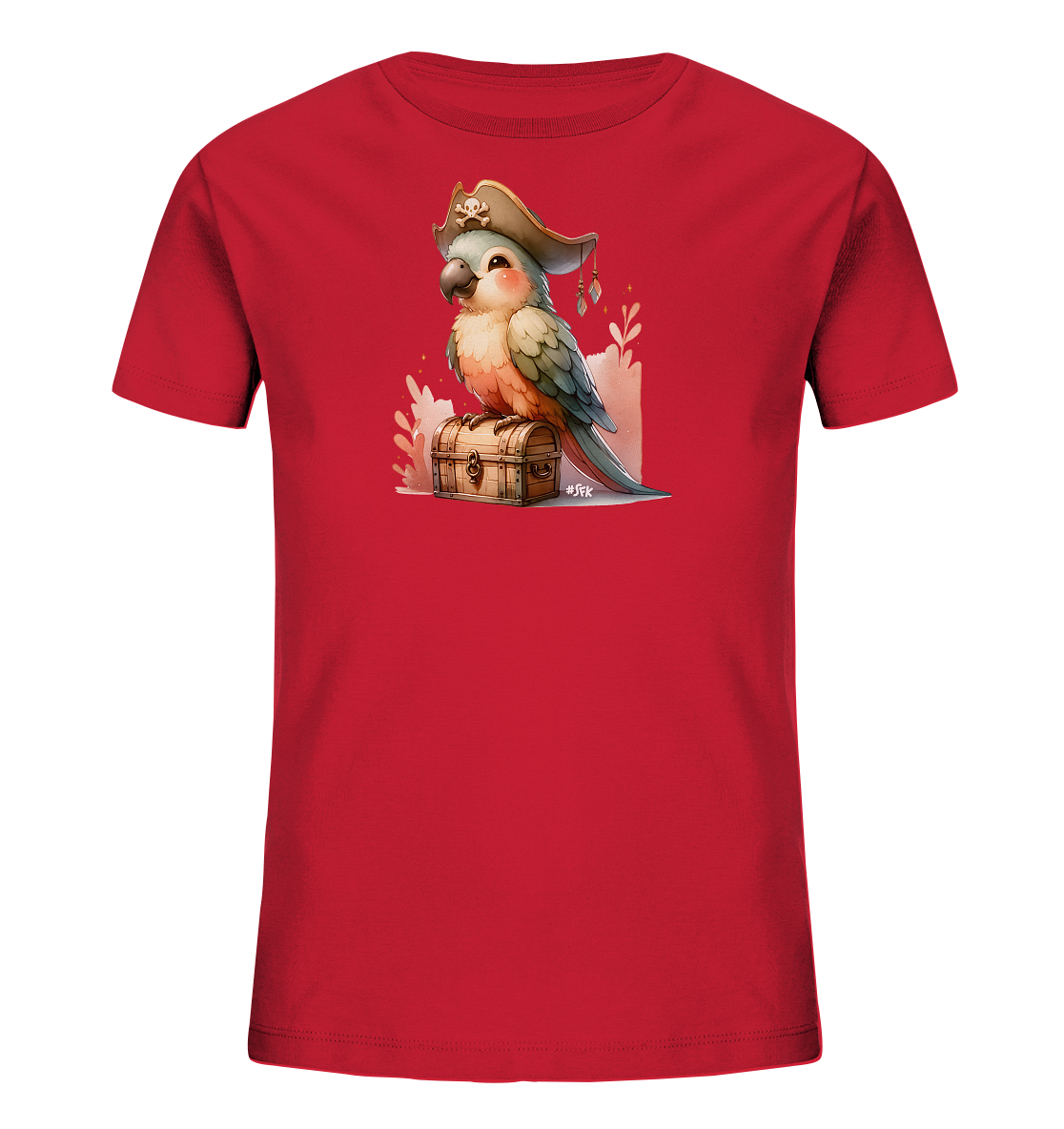 Onlineshop Shirts fuer Kinder - Das Bild zeigt ein rotes Kinder T-Shirt mit einer detaillierten Grafik. Darauf sitzt ein farbenfroher Cartoon-Papagei mit Piratenhut auf einer hoelzernen Schatzkiste. Im Hintergrund sind sanfte, stilisierte Blaetter und Ranken zu sehen. Das gesamte Motiv ist froehlich und kindgerecht gestaltet.