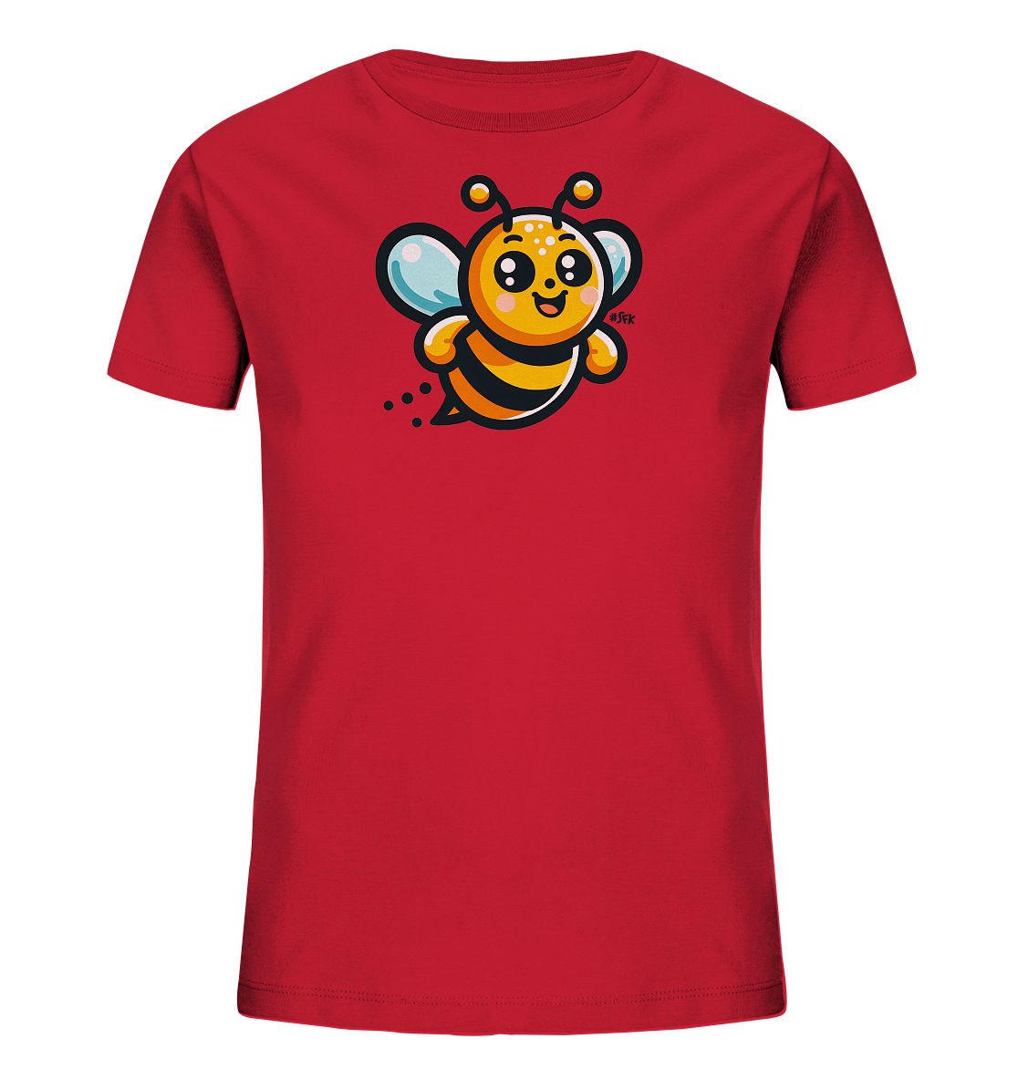 Onlineshop Shirts fuer Kinder - Das Bild zeigt ein rotes Kinder T-Shirt. Auf der Vorderseite ist eine niedliche, fliegende Cartoon-Biene abgebildet. Die Biene hat gelbe und schwarze Streifen, blaue Fluegel und ein froehliches Gesicht. Eine kleine Flugspur ist hinter der Biene zu sehen, was das Motiv dynamisch wirken laesst.