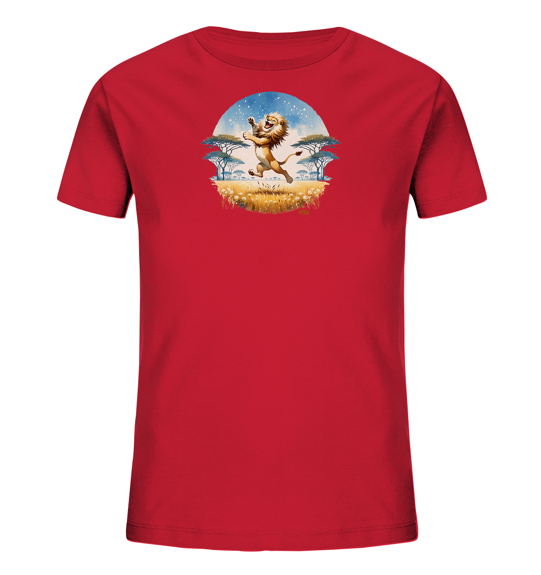 Onlineshop Shirts fuer Kinder - Das Bild zeigt ein rotes T-Shirt fuer Kinder. Auf der Vorderseite befindet sich eine farbenfrohe Illustration, die eine afrikanische Savannenlandschaft darstellt. Ein froehlicher Cartoon-Loewe springt mitten in der Szene ueber Gras und Blumen. Der Hintergrund zeigt Akazienbaeume unter einem blauen Himmel.