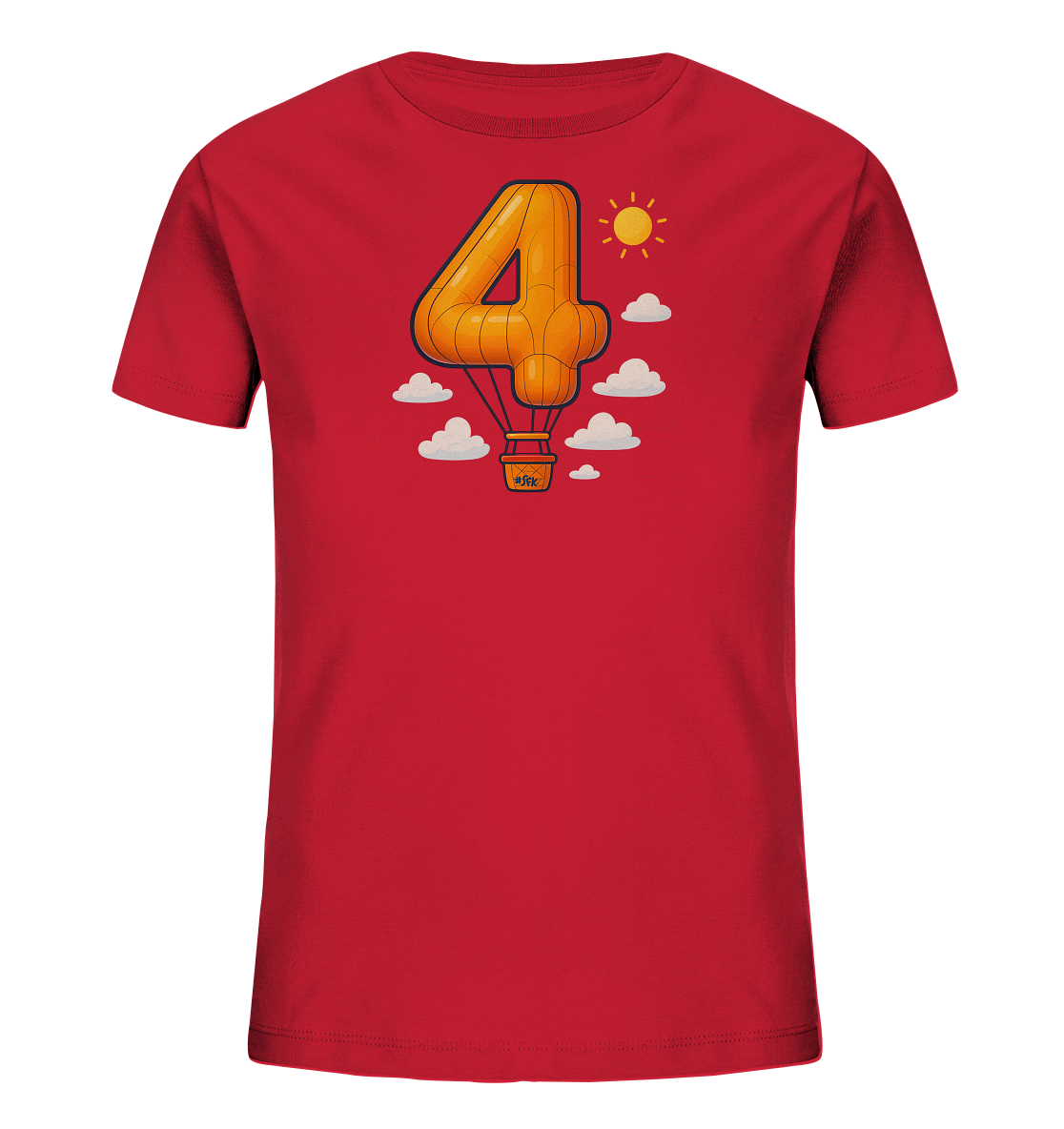 Onlineshop Shirts fuer Kinder - Das Bild zeigt ein rotes Kinder-T-Shirt mit einem farbenfrohen Motiv auf der Vorderseite. Die Zahl '4' ist als orange-gelber Heissluftballon dargestellt, der zwischen stilisierten Wolken und einer Sonne schwebt. Das detaillierte Design befindet sich mittig auf dem Shirt. Dieses froehliche Motiv ist ideal fuer eine Geburtstagsfeier.