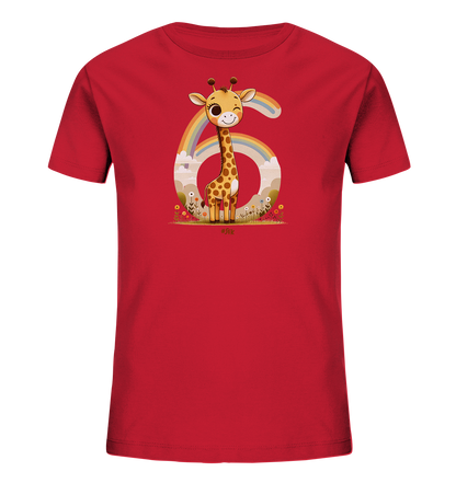 Onlineshop Shirts fuer Kinder - Das rote Kinder-T-Shirt zeigt eine niedliche Cartoon-Giraffe, die in einer Blumenwiese sitzt. Hinter der froehlichen Giraffe ist die grosse Zahl '6' platziert, ergaenzt durch einen Regenbogen und Wolken im Hintergrund. Das verspielte Motiv mit den bunten Details ist ideal fuer Kinder.