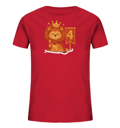 Kinder T-Shirt mit Löwenkönig, Krone, rotem Umhang und Zahl 4