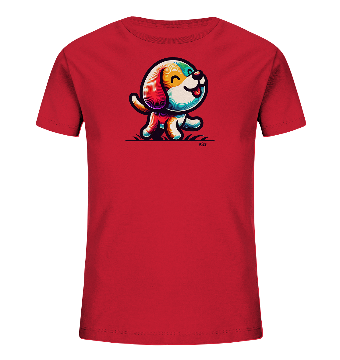 Onlineshop Shirts fuer Kinder - Das Bild zeigt ein leuchtend rotes T-Shirt fuer Kinder. Auf der Vorderseite ist eine farbenfrohe Grafik eines cartoonhaften Hundes abgebildet. Der Hund laeuft froehlich mit einem Laecheln. Das Design nutzt verschiedene helle Farbtoene und geschwungene Linien, was dem Shirt einen verspielten Look verleiht.