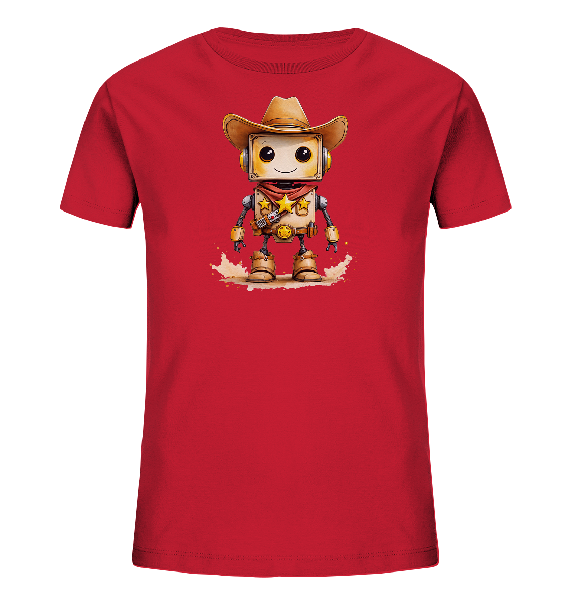Onlineshop Shirts für Kinder - Das Bild zeigt ein rotes T-Shirt für Kinder, das mit einer detaillierten Illustration eines niedlichen Roboters im Cowboy-Look bedruckt ist. Der Roboter trägt einen braunen Cowboyhut, ein rotes Halstuch, und goldene Sterne zieren seinen Oberkörper und Gürtel. Er hat große, freundliche Augen und ein Lächeln, und scheint auf einem staubigen Untergrund zu stehen. Die Grafik ist farbenfroh und verspielt gestaltet, passend für Kinderkleidung.