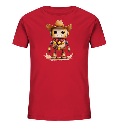 Onlineshop Shirts für Kinder - Das Bild zeigt ein rotes T-Shirt für Kinder, das mit einer detaillierten Illustration eines niedlichen Roboters im Cowboy-Look bedruckt ist. Der Roboter trägt einen braunen Cowboyhut, ein rotes Halstuch, und goldene Sterne zieren seinen Oberkörper und Gürtel. Er hat große, freundliche Augen und ein Lächeln, und scheint auf einem staubigen Untergrund zu stehen. Die Grafik ist farbenfroh und verspielt gestaltet, passend für Kinderkleidung.