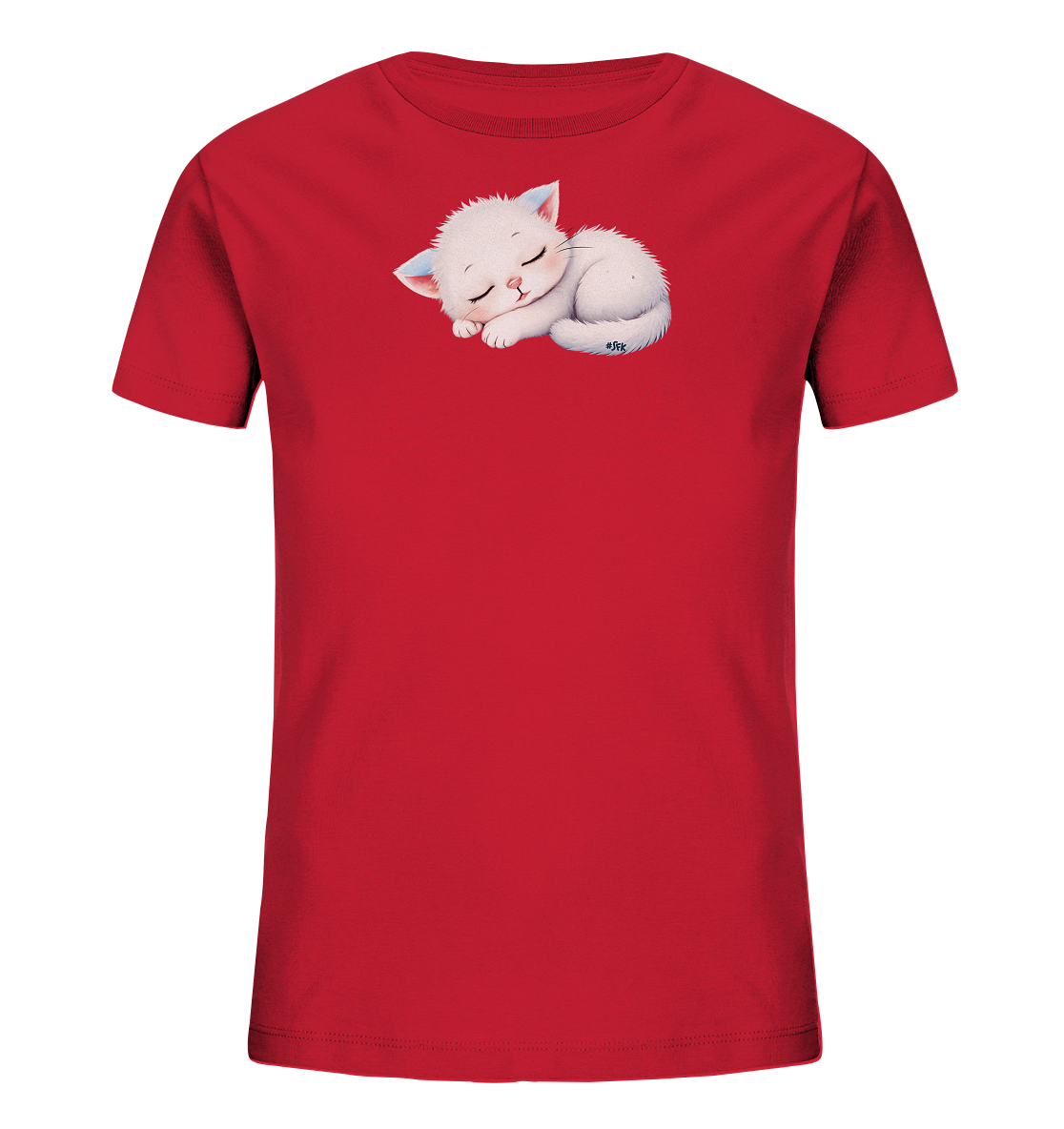 Onlineshop Shirts fuer Kinder - Das Bild zeigt ein rotes Kinder-T-Shirt mit einer niedlichen Abbildung eines schlafenden, weissen Kaetzchens. Das Kaetzchen ist friedlich zusammengerollt, mit geschlossenen Augen und leicht blauen Innenseiten der Ohren. Das Design vermittelt einen sanften und beruhigenden Eindruck. Es ist eine liebevolle Grafik, ideal fuer kleine Tierfreunde.
