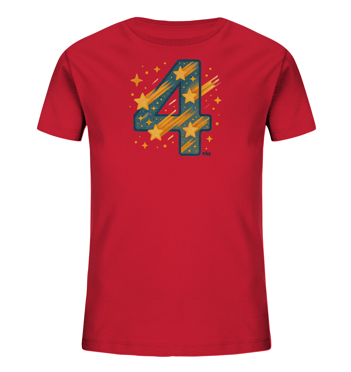 Onlineshop Shirts fuer Kinder - Das Bild zeigt ein rotes Kinder-T-Shirt. Die Vorderseite zeigt eine grosse, stilisierte Zahl Vier. Die Zahl ist mit gelben Sternen und orangefarbenen Streifen, aehnlich Sternschnuppen, auf blauem Grund gefuellt. Kleinere gelbe Sterne und Punkte umgeben das Motiv, was eine kosmische oder feierliche Atmosphaere schafft.