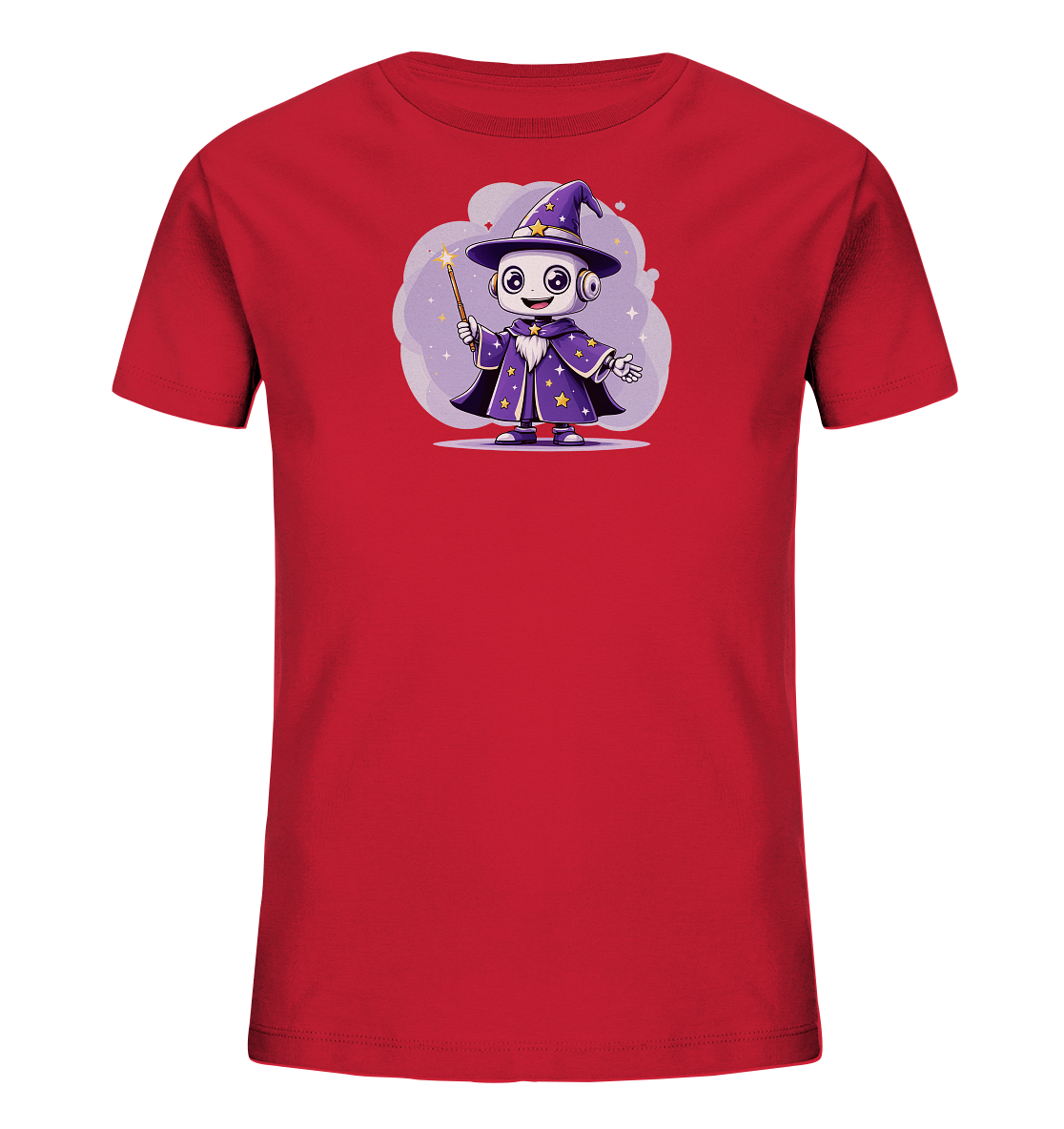 Onlineshop Shirts für Kinder - Das Bild zeigt ein rotes T-Shirt für Kinder mit einem prominenten Aufdruck auf der Vorderseite. Der Aufdruck stellt einen kleinen, weißen Roboter in der Aufmachung eines Zauberers dar. Der Roboter trägt einen spitzen lila Hut und einen passenden Umhang, beide verziert mit goldenen Sternen, und hält einen leuchtenden Zauberstab. Die gesamte Grafik wirkt freundlich und fantasievoll, vor einem lilafarbenen, wolkenartigen Hintergrund mit Glitzereffekten.