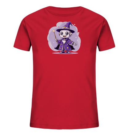 Onlineshop Shirts für Kinder - Das Bild zeigt ein rotes T-Shirt für Kinder mit einem prominenten Aufdruck auf der Vorderseite. Der Aufdruck stellt einen kleinen, weißen Roboter in der Aufmachung eines Zauberers dar. Der Roboter trägt einen spitzen lila Hut und einen passenden Umhang, beide verziert mit goldenen Sternen, und hält einen leuchtenden Zauberstab. Die gesamte Grafik wirkt freundlich und fantasievoll, vor einem lilafarbenen, wolkenartigen Hintergrund mit Glitzereffekten.