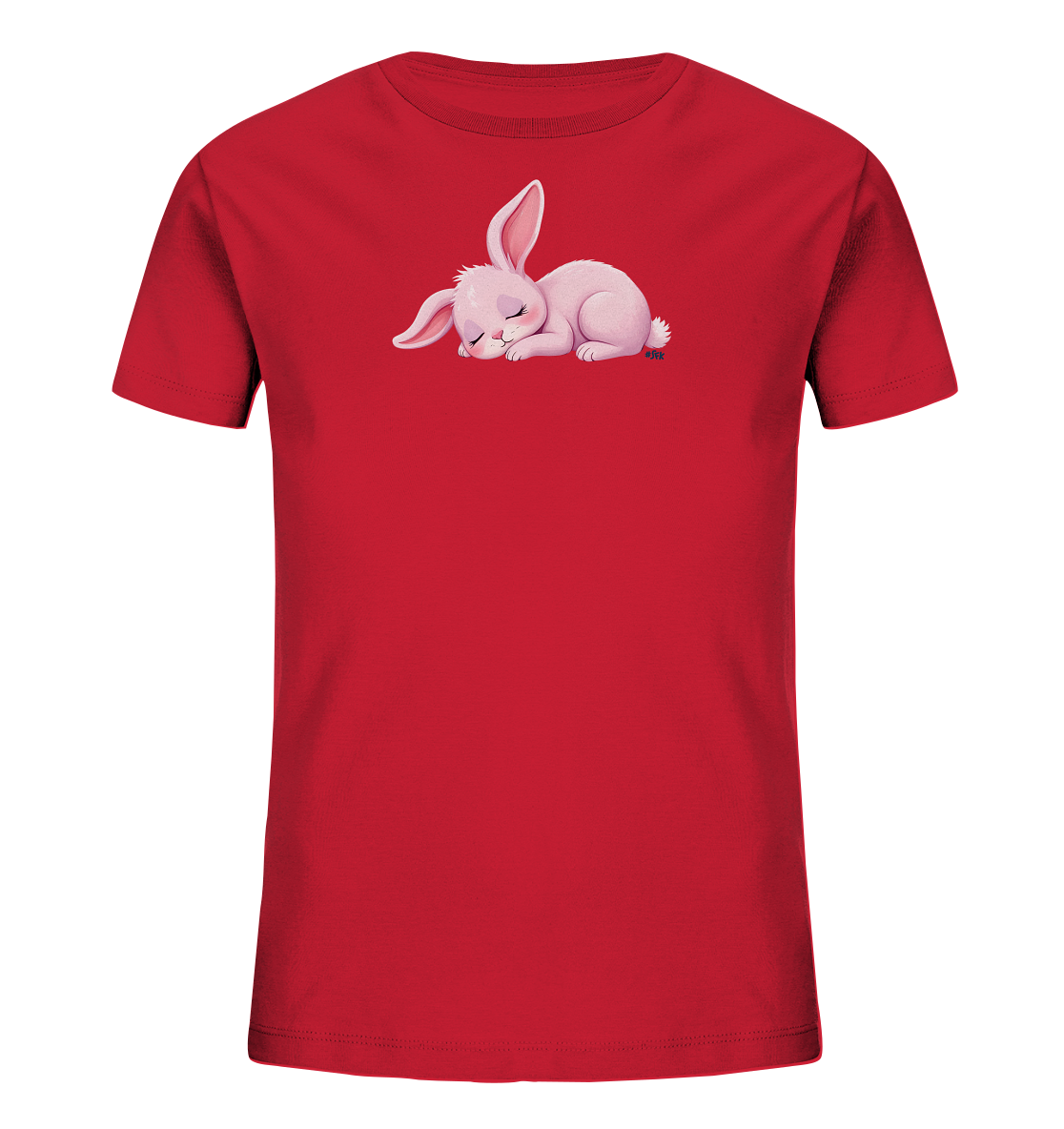 Onlineshop Shirts fuer Kinder - Das Bild zeigt ein leuchtend rotes Kinder-T-Shirt. Auf der Vorderseite ist eine niedliche, hellrosa Abbildung eines schlafenden Haeschens zu sehen. Das Haeschen liegt sanft zusammengerollt, mit geschlossenen Augen und leicht herabhaengenden Ohren, was eine ruhige Szene darstellt. Das Design wirkt beruhigend und ist ideal fuer den Alltag.