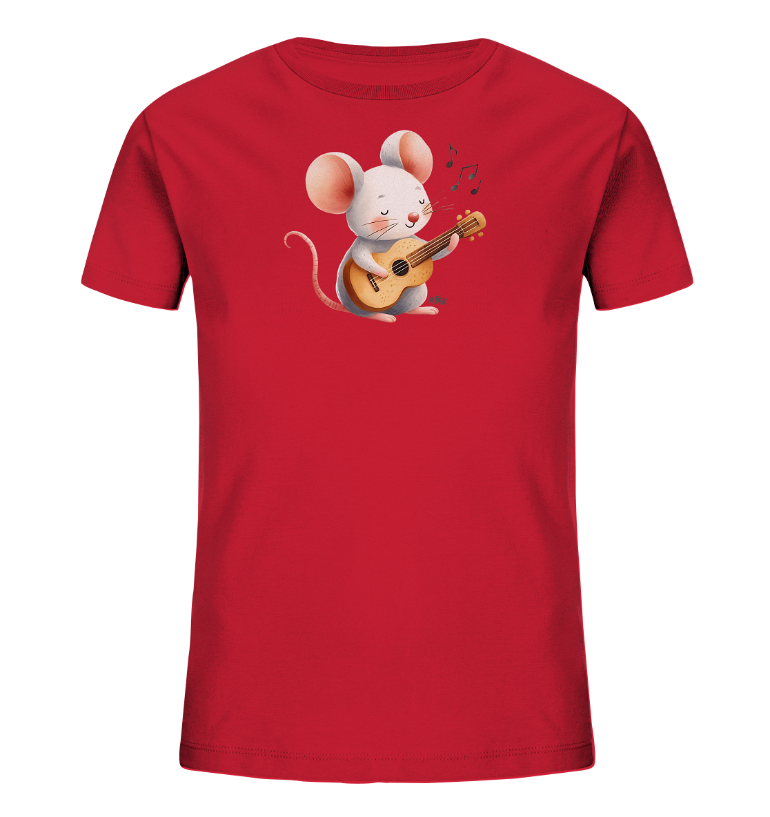 Onlineshop Shirts für Kinder - Das Bild zeigt ein rotes T-Shirt für Kinder mit einem charmanten Motiv einer Maus auf der Vorderseite. Die cartoonhafte Maus sitzt und spielt fröhlich eine kleine Ukulele, während musikalische Noten darüber schweben. Das Design ist zentral auf dem Shirt platziert und wirkt verspielt und musikalisch. Es ist eine detaillierte Illustration, die auf einem unifarbenen roten Hintergrund gut zur Geltung kommt.