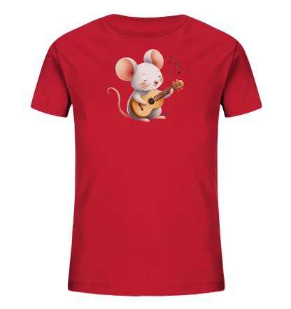 Onlineshop Shirts für Kinder - Das Bild zeigt ein rotes T-Shirt für Kinder mit einem charmanten Motiv einer Maus auf der Vorderseite. Die cartoonhafte Maus sitzt und spielt fröhlich eine kleine Ukulele, während musikalische Noten darüber schweben. Das Design ist zentral auf dem Shirt platziert und wirkt verspielt und musikalisch. Es ist eine detaillierte Illustration, die auf einem unifarbenen roten Hintergrund gut zur Geltung kommt.