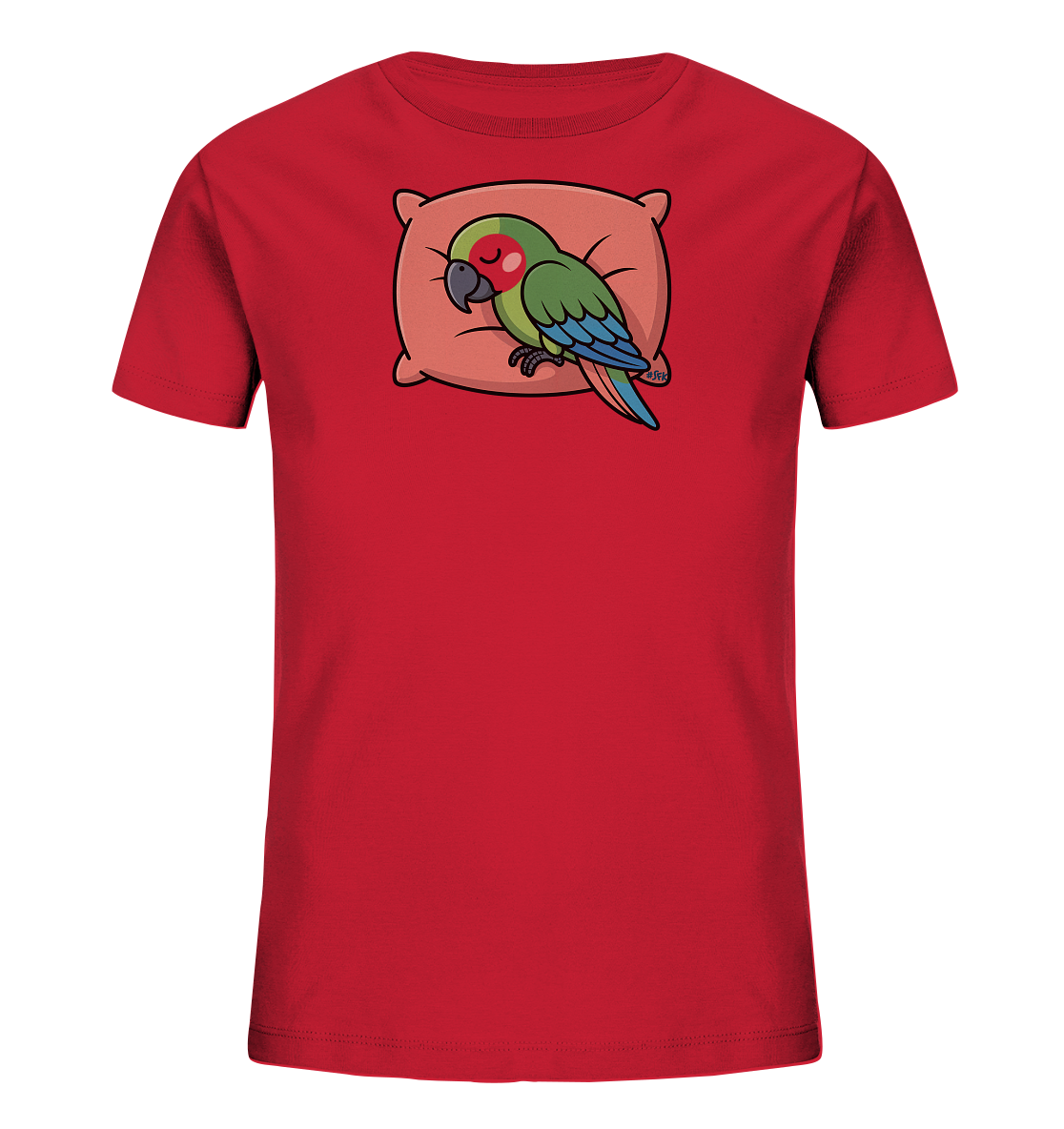 Onlineshop Shirts fuer Kinder - Das Bild zeigt ein rotes Kinder-T-Shirt mit einem niedlichen Aufdruck. Ein gruener Papagei mit rotem Augenbereich und blauen Fluegeln schlaeft friedlich auf einem hellbraunen Kissen. Das detailreiche Design verleiht dem Shirt einen ruhigen und verspielten Charakter.
