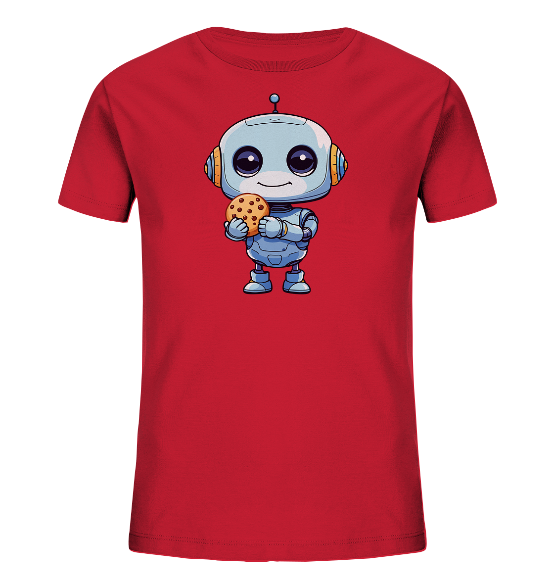 Onlineshop Shirts für Kinder - Das Bild zeigt ein rotes Kinder-T-Shirt. Auf der Vorderseite befindet sich eine Illustration eines niedlichen, blauen Cartoon-Roboters. Der Roboter hat große Augen und hält einen Schokoladenkeks in seinen Händen. Das zentrale Design des freundlichen Roboters verleiht dem Shirt einen verspielten Charakter.