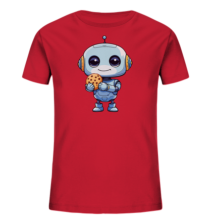 Onlineshop Shirts für Kinder - Das Bild zeigt ein rotes Kinder-T-Shirt. Auf der Vorderseite befindet sich eine Illustration eines niedlichen, blauen Cartoon-Roboters. Der Roboter hat große Augen und hält einen Schokoladenkeks in seinen Händen. Das zentrale Design des freundlichen Roboters verleiht dem Shirt einen verspielten Charakter.