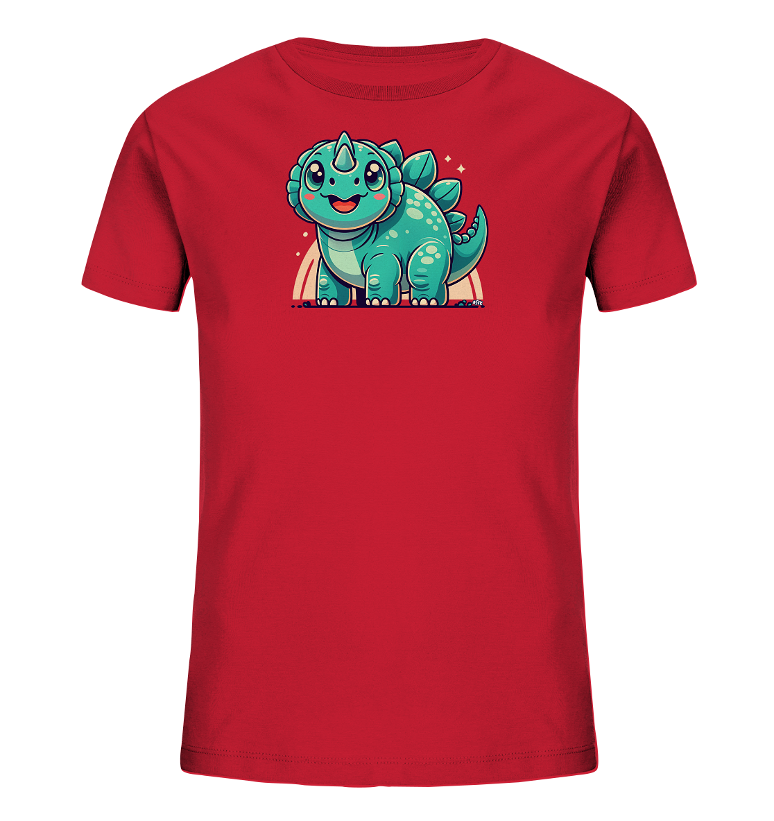 Onlineshop Shirts fuer Kinder - Dieses rote Kinder-T-Shirt ziert ein farbenfroher Cartoon-Dinosaurier. Der freundliche Dino ist hellgruen mit dunkleren Punkten und steht vor einem stilisierten Regenbogen. Kleine funkelnde Elemente umgeben den Kopf des praehistorischen Wesens. Das Design ist froehlich und kindgerecht gestaltet.