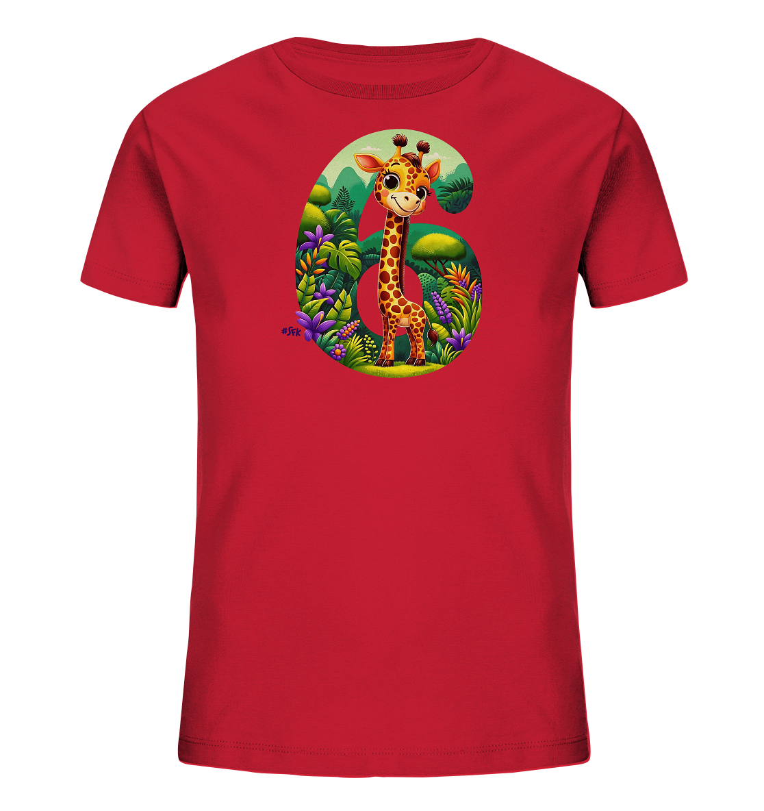 Onlineshop Shirts fuer Kinder - Dieses rote Kinder-T-Shirt praesentiert eine grosse Grafik der Zahl 6. Die Zahl ist mit einer farbenfrohen Dschungelszene gefuellt, in der eine freundliche Cartoon-Giraffe steht. Die Szene zeigt ueppige Vegetation und Blumen sowie einen Hintergrund mit Bergen. Das Motiv wirkt froehlich und ist ein Blickfang auf dem Shirt.