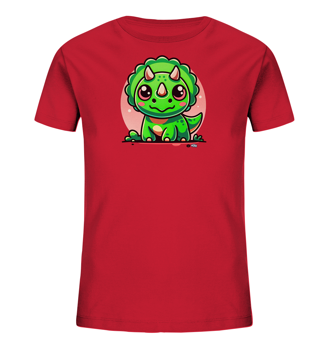 Onlineshop Shirts fuer Kinder - Das Bild zeigt ein rotes Kinder-T-Shirt mit einer froehlichen Cartoon-Dinosaurier-Grafik auf der Vorderseite. Der Druck zeigt einen niedlichen gruenen Dinosaurier mit einem grossen Kopfschild und kleinen Hoernern, der vor einem sanften rosafarbenen Kreis sitzt. Der Dinosaurier hat grosse Augen und rosafarbene Wangen und wirkt dadurch freundlich. Dieser farbenfrohe Druck verleiht dem Kleidungsstueck eine verspielte Note.
