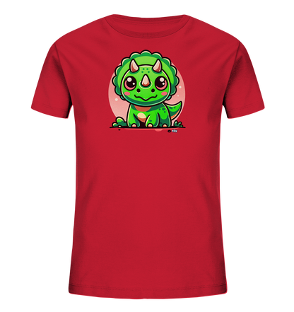 Onlineshop Shirts fuer Kinder - Das Bild zeigt ein rotes Kinder-T-Shirt mit einer froehlichen Cartoon-Dinosaurier-Grafik auf der Vorderseite. Der Druck zeigt einen niedlichen gruenen Dinosaurier mit einem grossen Kopfschild und kleinen Hoernern, der vor einem sanften rosafarbenen Kreis sitzt. Der Dinosaurier hat grosse Augen und rosafarbene Wangen und wirkt dadurch freundlich. Dieser farbenfrohe Druck verleiht dem Kleidungsstueck eine verspielte Note.