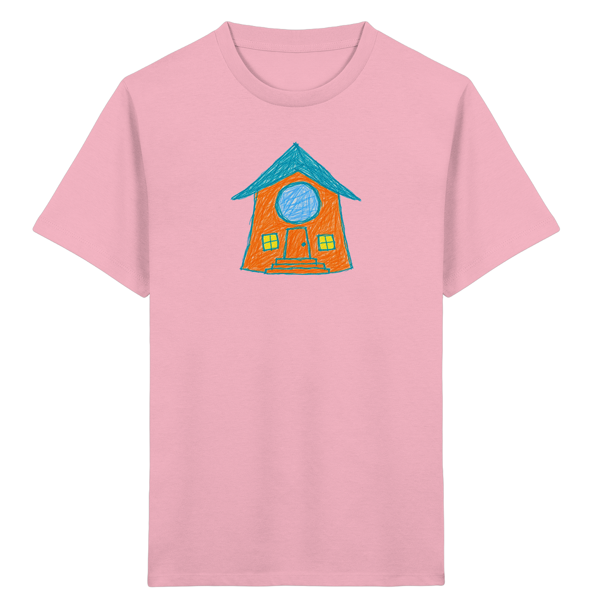 Orangefarbenes Rundfensterhaus für Kinder - Kinder Bio T-Shirt